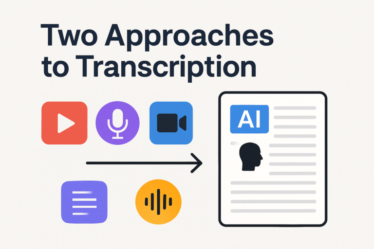 Icons representing audio and video content, and text conversion with a document labeled AI and human transcription