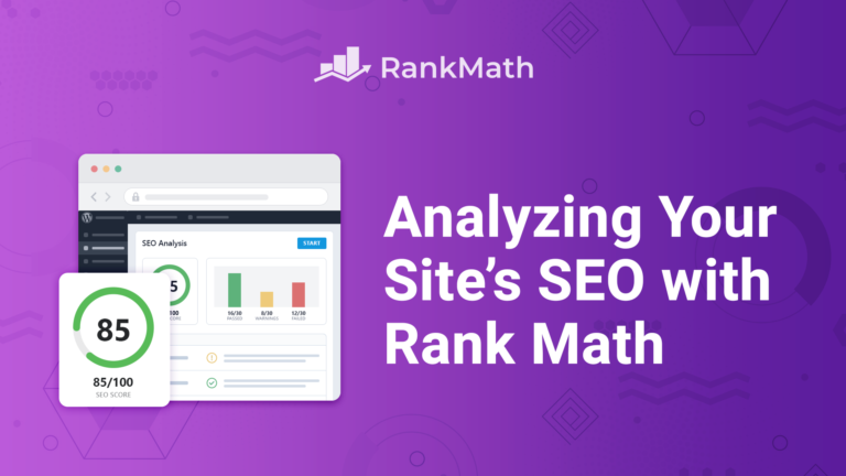 Rank Math SEO plugin dashboard showing SEO analysis score and website optimization tools