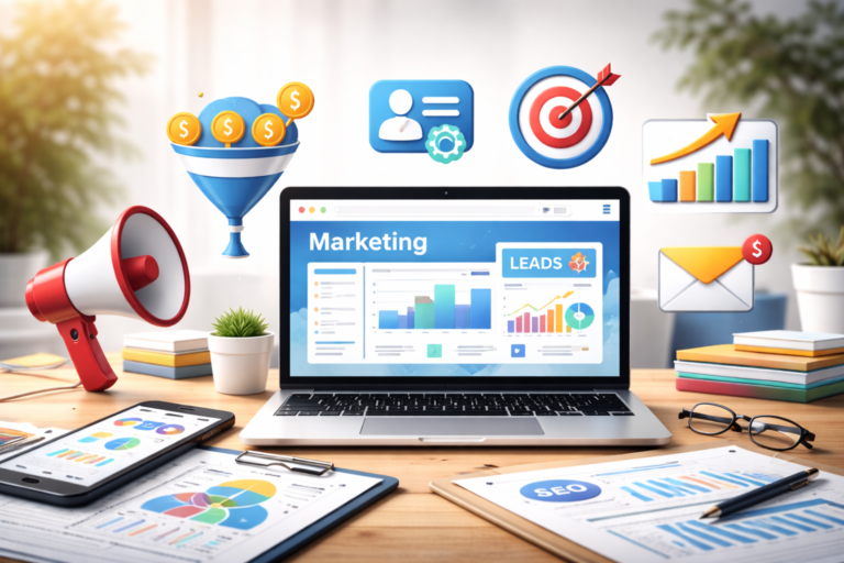 Digital marketing dashboard on laptop with funnel, email, CRM, and analytics icons representing online marketing tools and automation